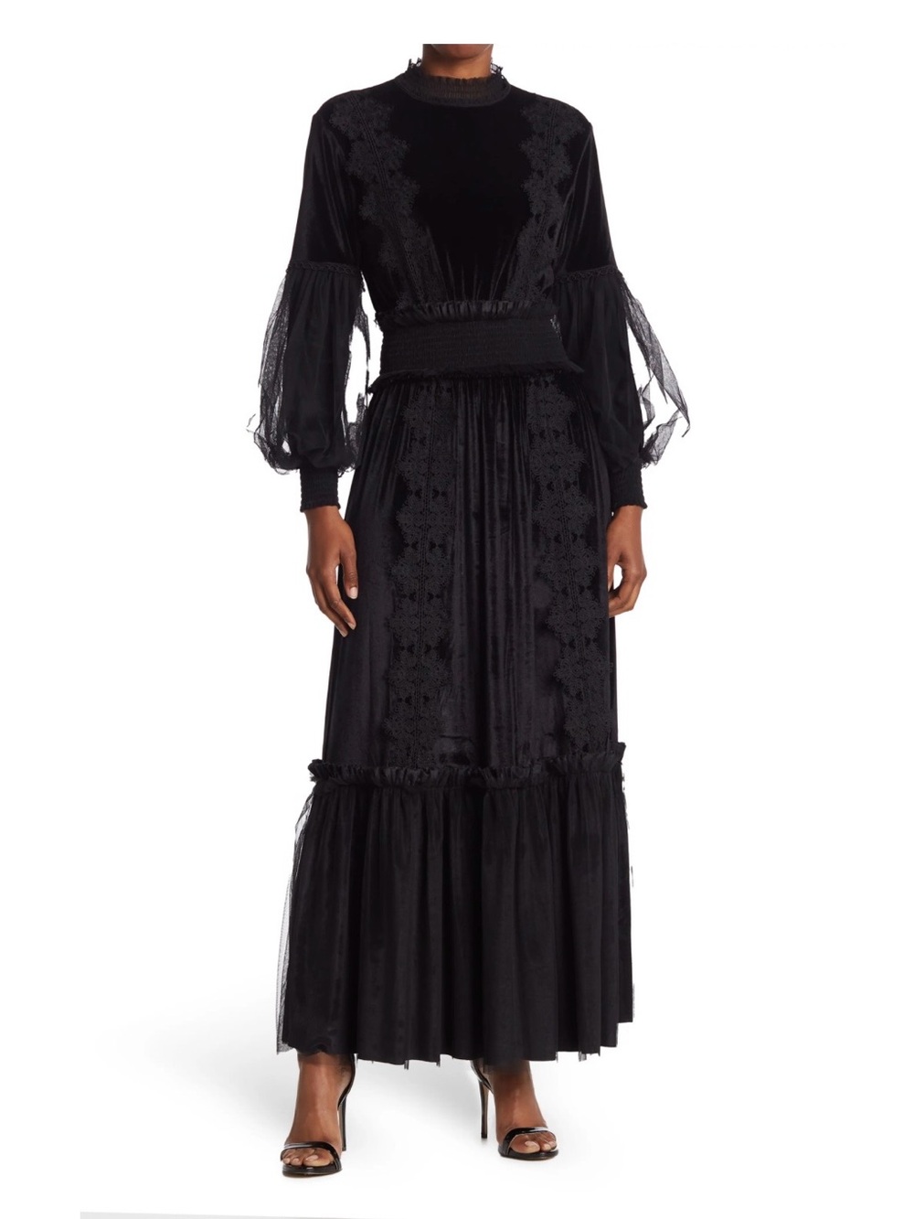 TOV Black Lace-Trim Velvet Maxi Dress